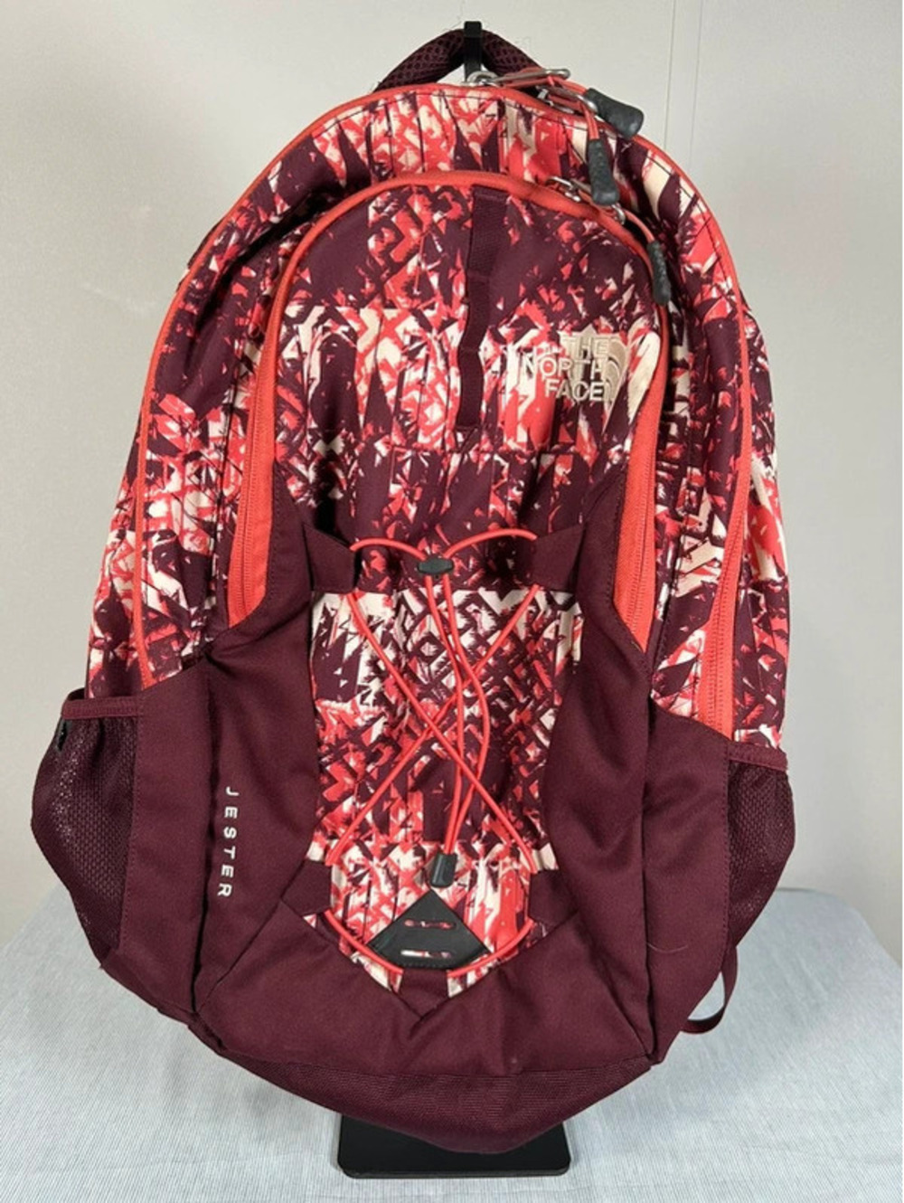 The North Face Jester Backpack Red Burgundy Abstract Print Hiking School Travel
